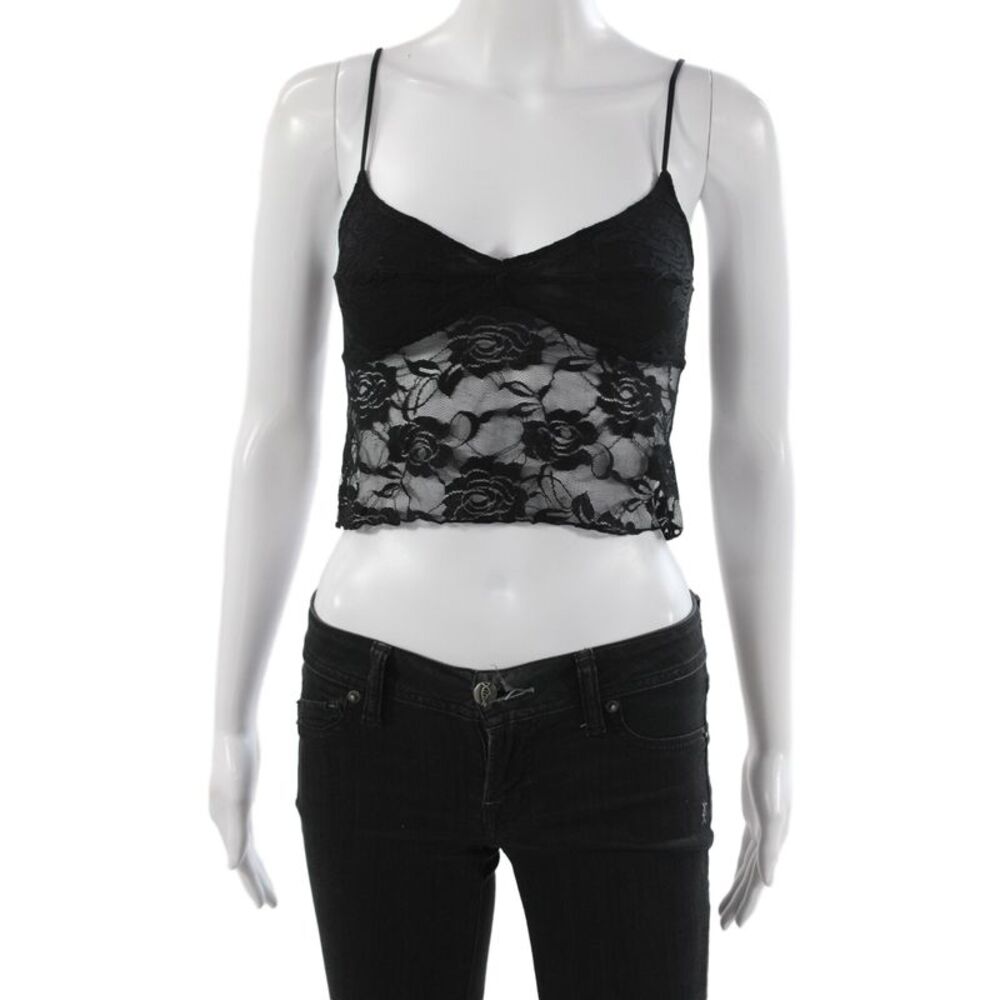 Indah Women Tank Black Floral V Neck Sleeveless 90% Nylon Size S